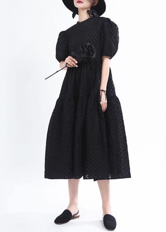 Simple Black Patchwork Puff Sleeve Summer Cotton Long Dresses