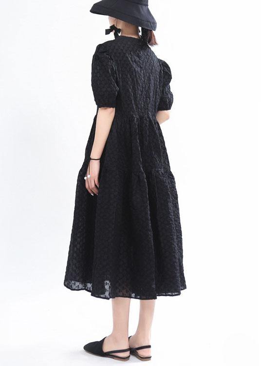 Simple Black Patchwork Puff Sleeve Summer Cotton Long Dresses