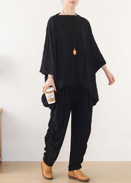 Simple Black Patchwork Wrinkled Batwing Sleeve Fall Shirt Tops