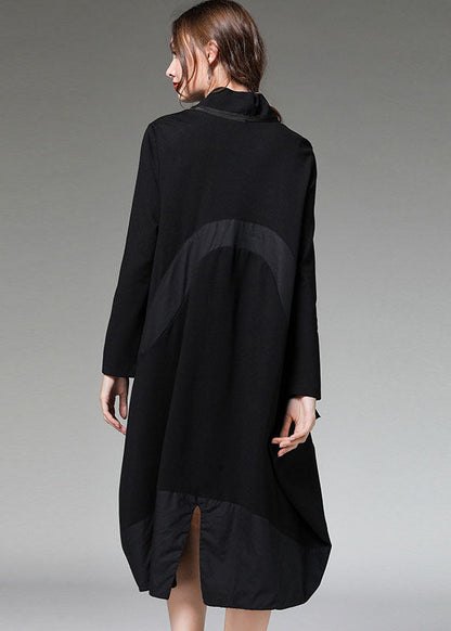 Simple Black Patchwork Asymmetrical Design Pockets Robe Dresses Fall
