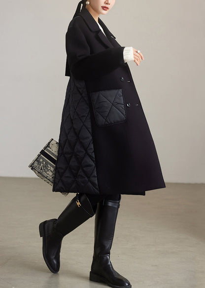 Simple Black Peter Pan Collar Pockets Patchwork Coat Winter