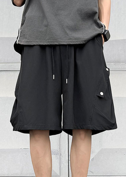 Simple Black Pockets Drawstring Ice Silk Shorts Summer