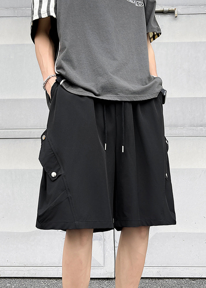 Simple Black Pockets Drawstring Ice Silk Shorts Summer