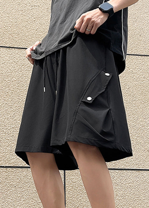Simple Black Pockets Drawstring Ice Silk Shorts Summer