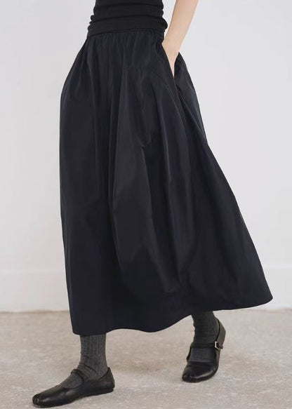 Simple Black Pockets Elastic Waist Cotton a Line Skirts Fall