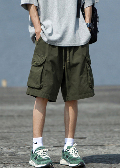Simple Black Pockets Elastic Waist Cotton Shorts Summer