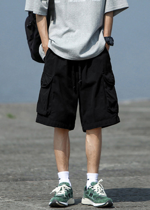 Simple Black Pockets Elastic Waist Cotton Shorts Summer