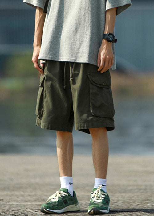 Simple Black Pockets Elastic Waist Cotton Shorts Summer