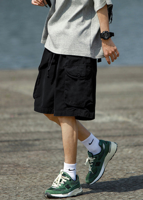 Simple Black Pockets Elastic Waist Cotton Shorts Summer