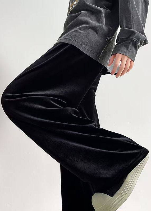Simple Black Pockets Warm Fleece Velour Pants Spring