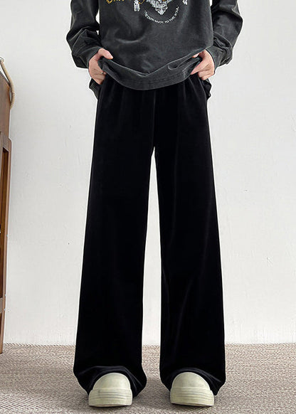 Simple Black Pockets Warm Fleece Velour Pants Spring