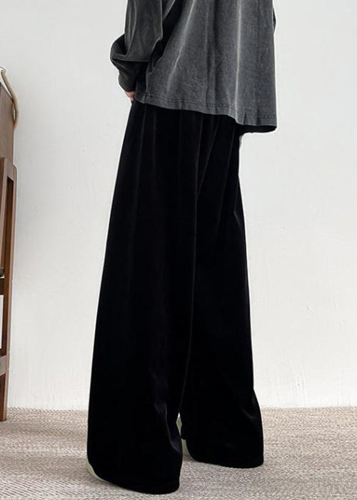 Simple Black Pockets Warm Fleece Velour Pants Spring