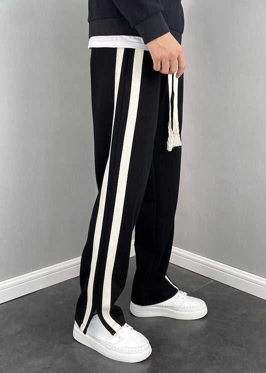 Simple Black Pockets Striped Patchwork Cotton Pants Summer