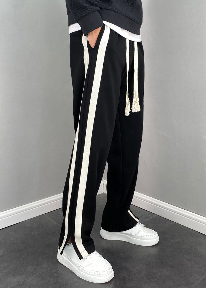 Simple Black Pockets Striped Patchwork Cotton Pants Summer