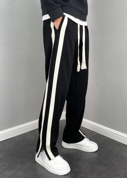 Simple Black Pockets Striped Patchwork Cotton Pants Summer