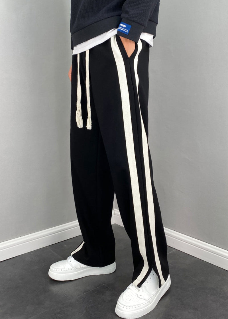 Simple Black Pockets Striped Patchwork Cotton Pants Summer