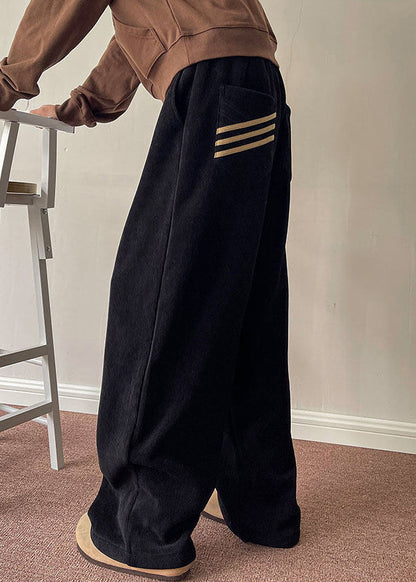 Simple Black Pockets Thick Corduroy Wide Leg Pants Spring