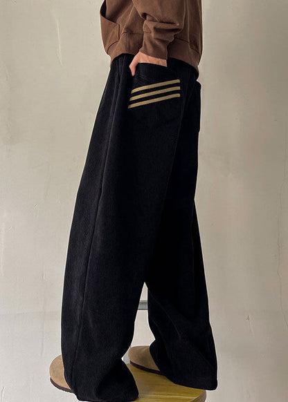 Simple Black Pockets Thick Corduroy Wide Leg Pants Spring