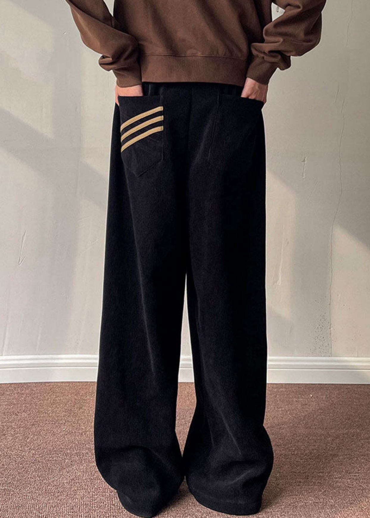 Simple Black Pockets Thick Corduroy Wide Leg Pants Spring