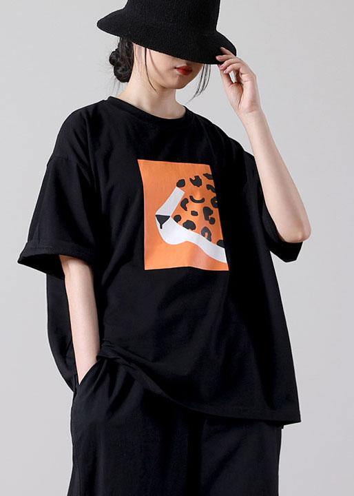 Simple Black Print O-neck Cotton Blouse Tops Short Sleeve Summer