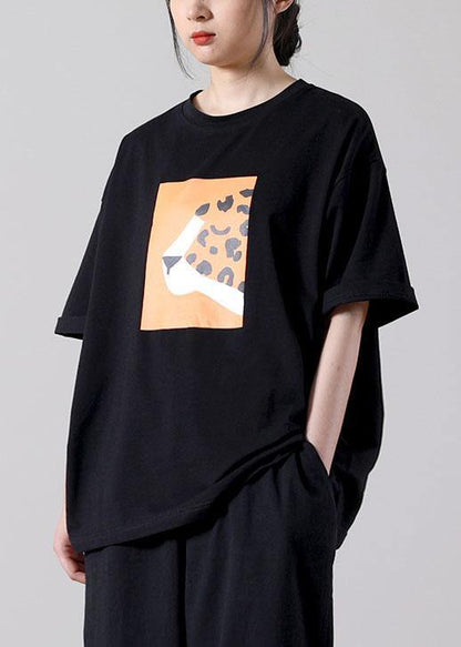 Simple Black Print O-neck Cotton Blouse Tops Short Sleeve Summer