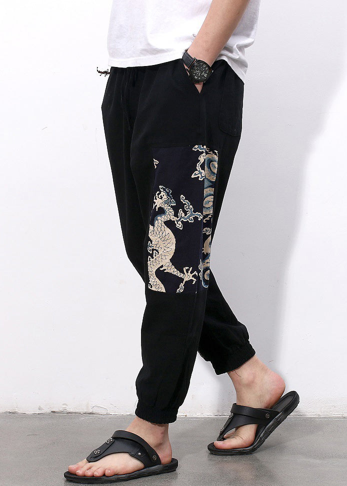 Simple Black Print Pockets Cotton Crop Pants Summer
