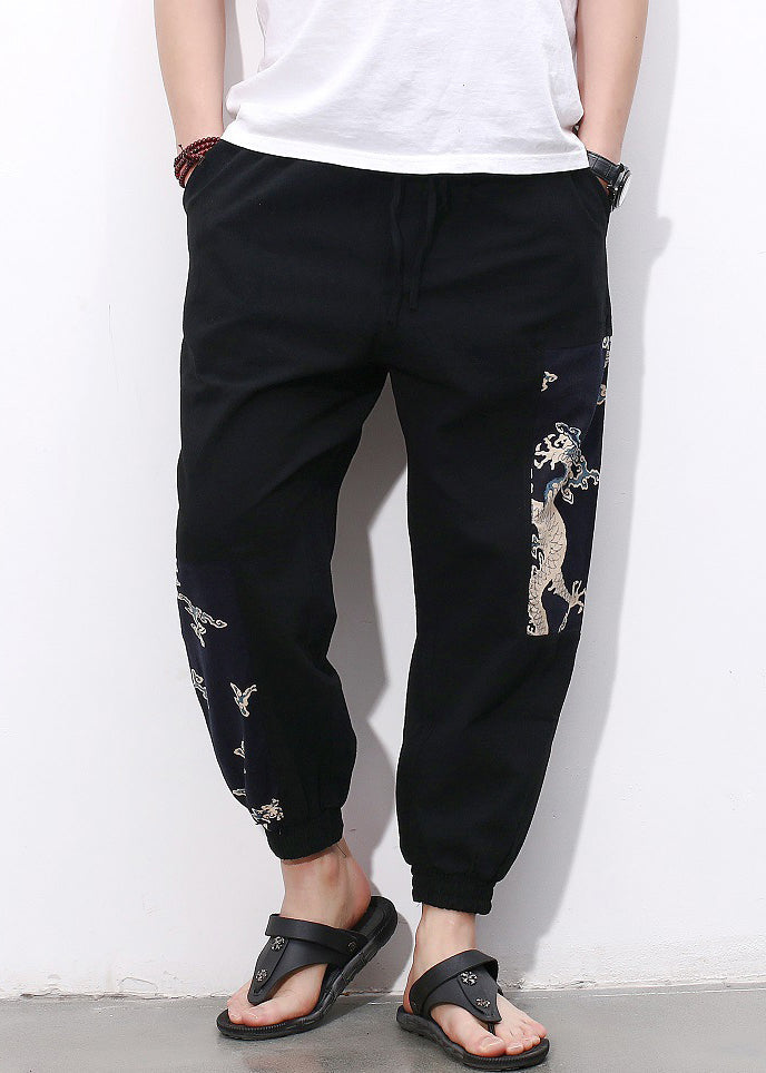 Simple Black Print Pockets Cotton Crop Pants Summer