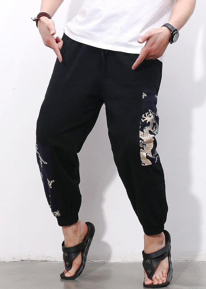 Simple Black Print Pockets Cotton Crop Pants Summer