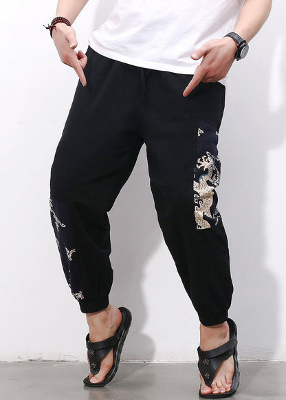 Simple Black Print Pockets Cotton Crop Pants Summer