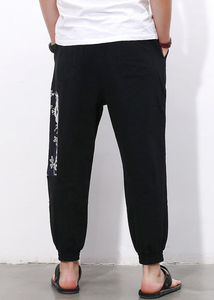 Simple Black Print Pockets Cotton Crop Pants Summer