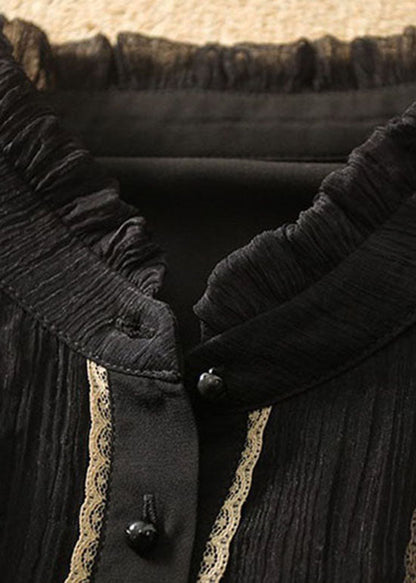 Simple Black Ruffled Hollow Out Patchwork Cotton Tops Spring