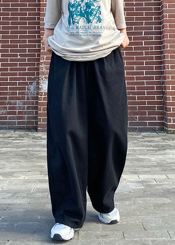 Simple Black Elastic Waist Cotton Pants Summer