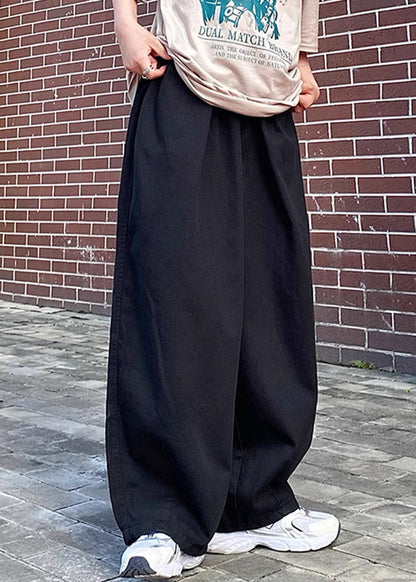 Simple Black Elastic Waist Cotton Pants Summer