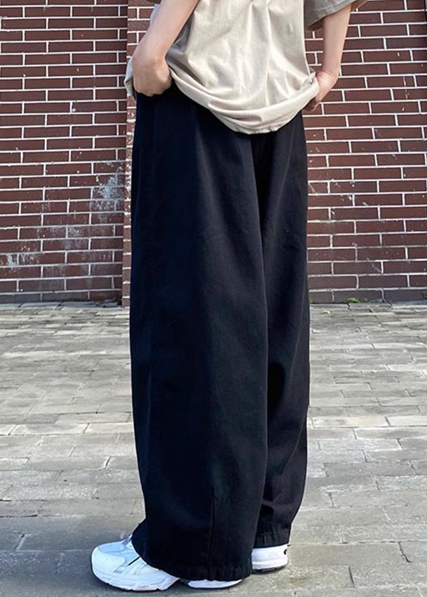 Simple Black Elastic Waist Cotton Pants Summer