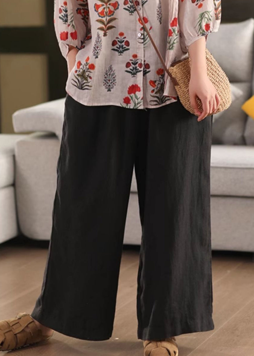 Simple Black Elastic Waist Linen Pants Summer