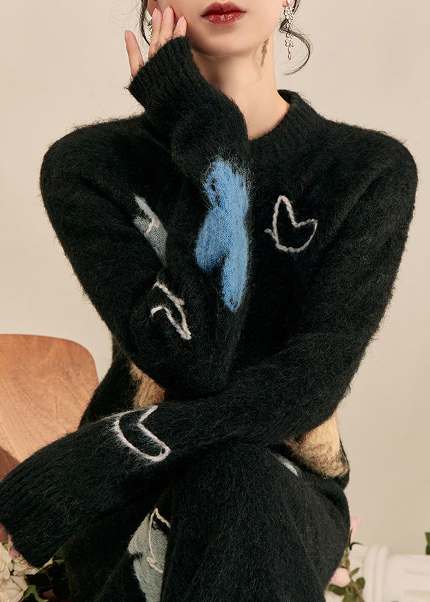 Simple Black Stand Collar Print Butterfly Cozy Cotton Knit Sweater Tops Spring