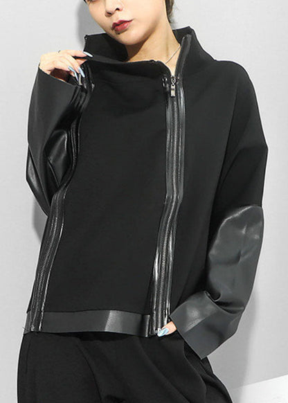 Simple Black Stand Collar Zippered Pu Patchwork Fall Long Sleeve Coat