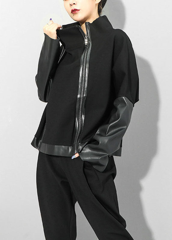 Simple Black Stand Collar Zippered Pu Patchwork Fall Long Sleeve Coat