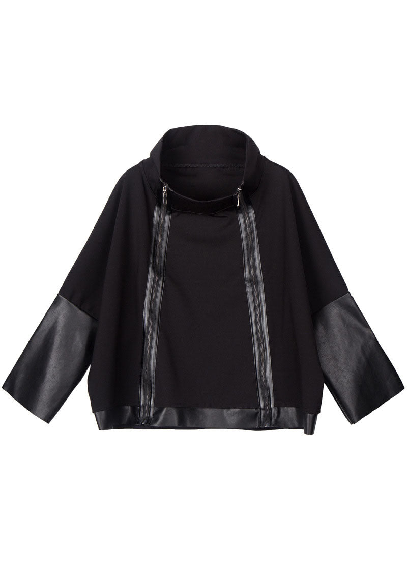 Simple Black Stand Collar Zippered Pu Patchwork Fall Long Sleeve Coat