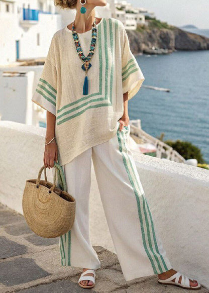 Simple Black Striped Side Open T Shirts and Wide Leg Pants Two Pieces Set Short Sleeve