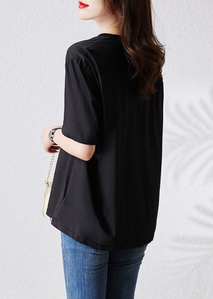 Simple Black V Neck Tulle Patchwork Cotton T Shirt Top Summer
