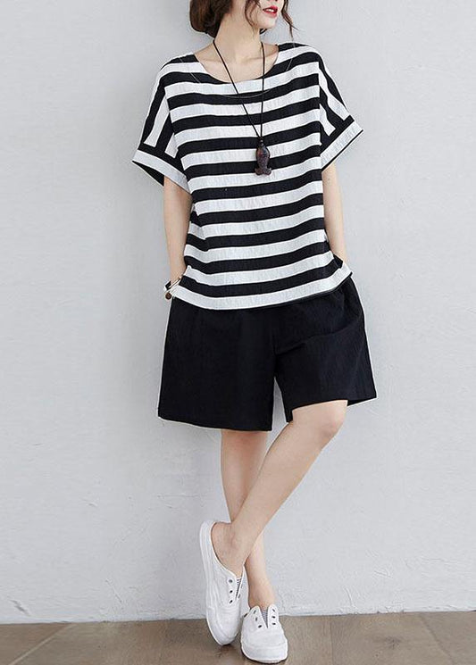Simple Black White Striped Side Open Two Pieces Set Summer Cotton