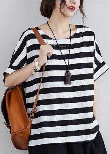 Simple Black White Striped Side Open Two Pieces Set Summer Cotton