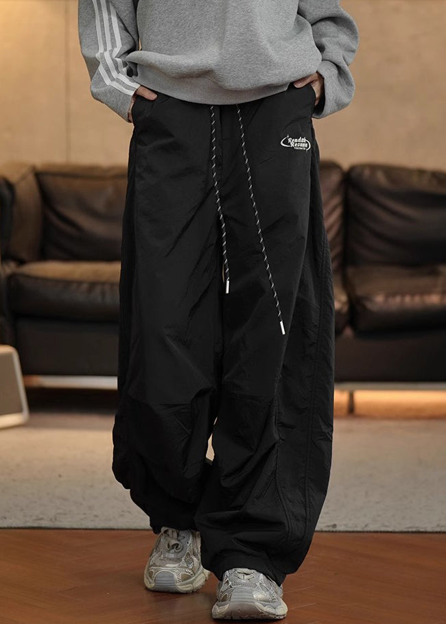 Simple Black Wrinkled Elastic Waist Cotton Pants Spring