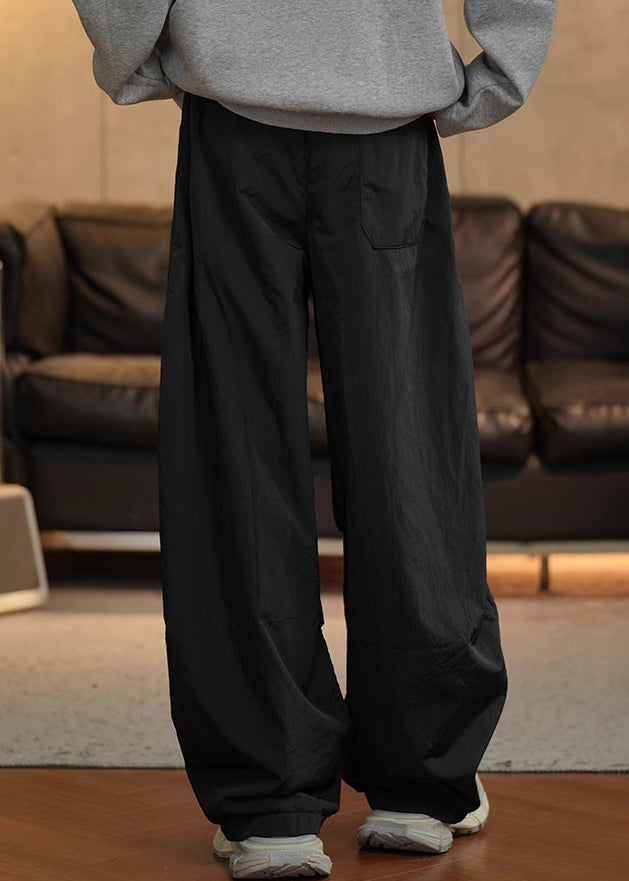 Simple Black Wrinkled Elastic Waist Cotton Pants Spring