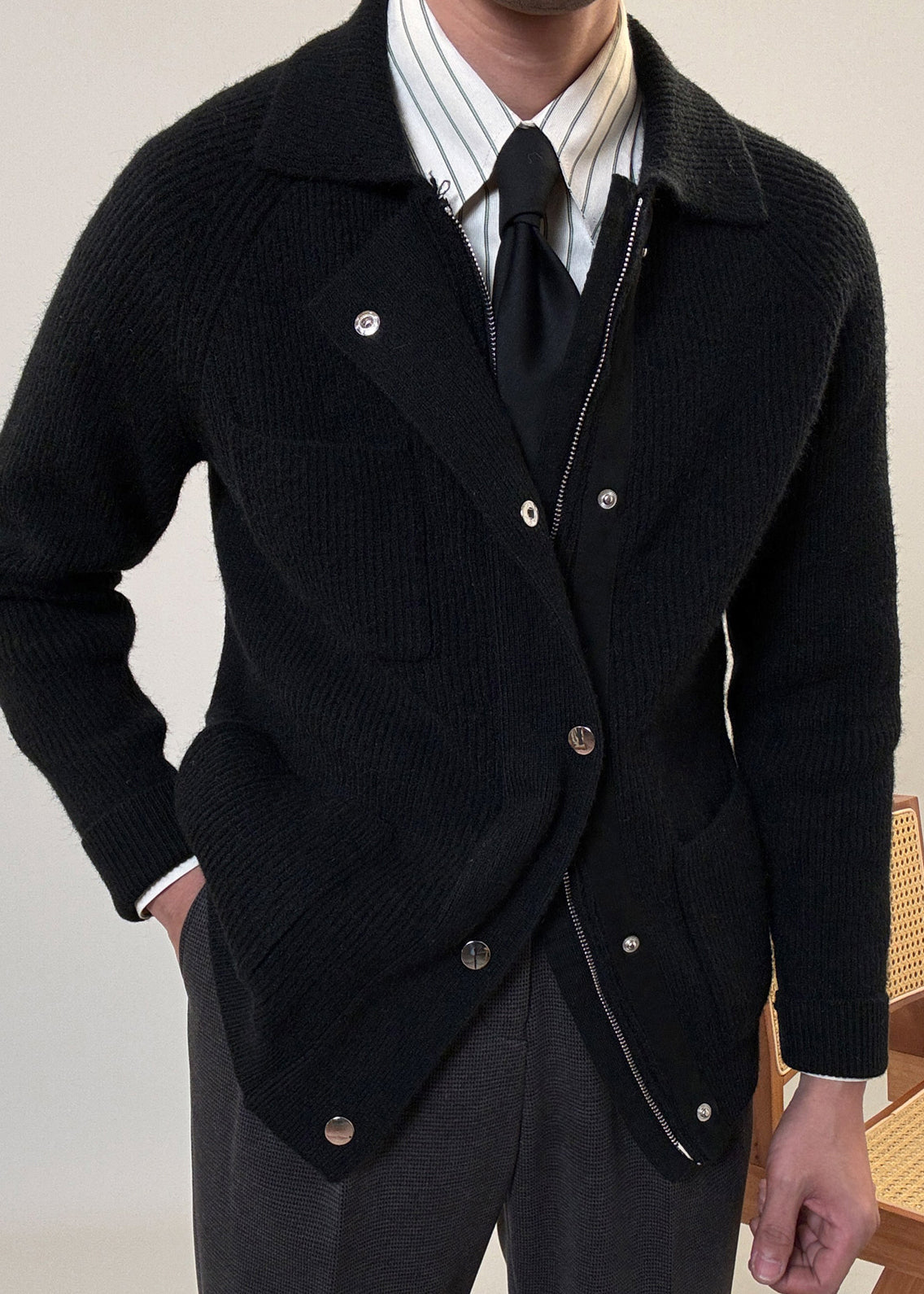 Simple Black Zip Up Pockets Cotton Knit Coat