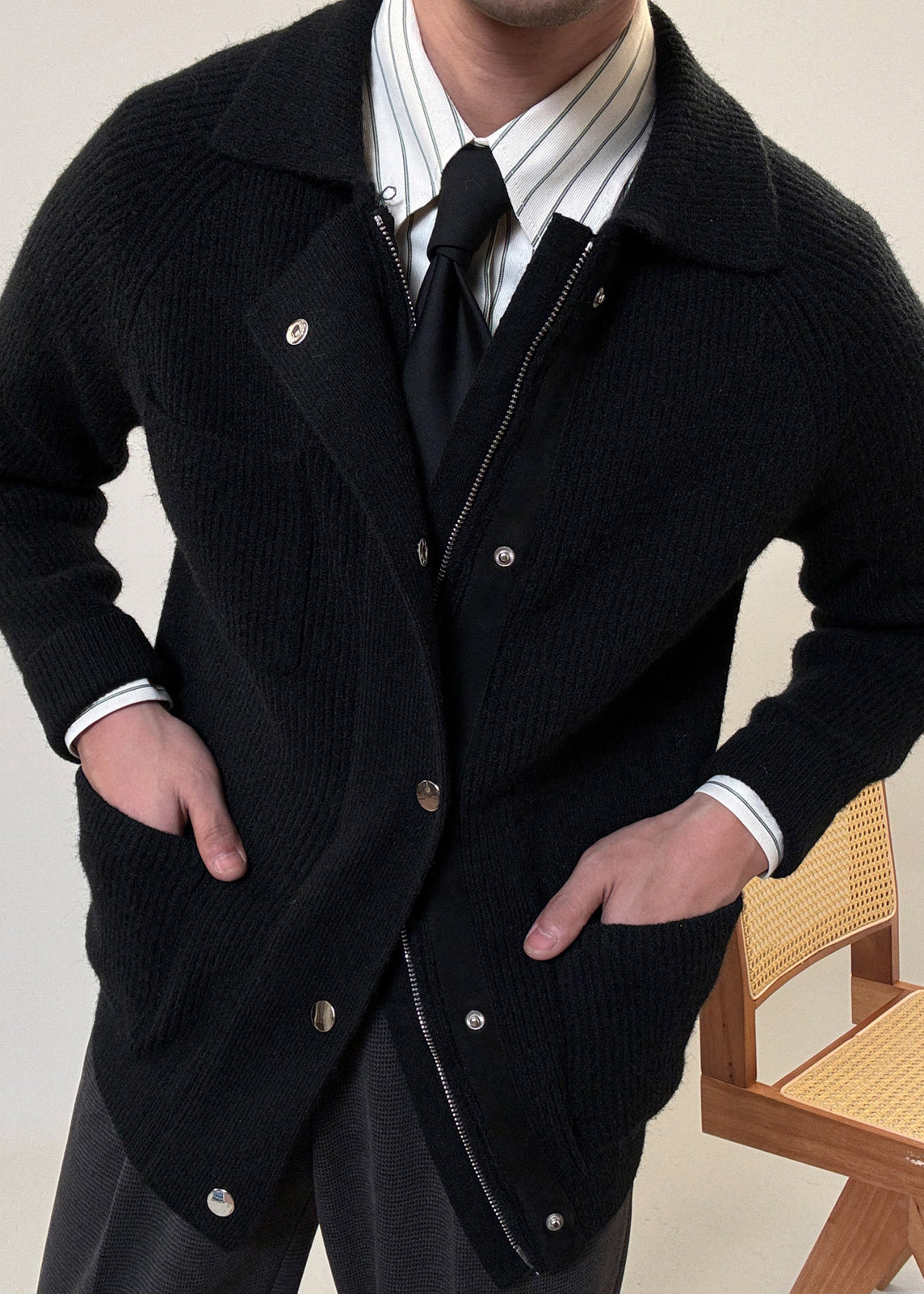 Simple Black Zip Up Pockets Cotton Knit Coat