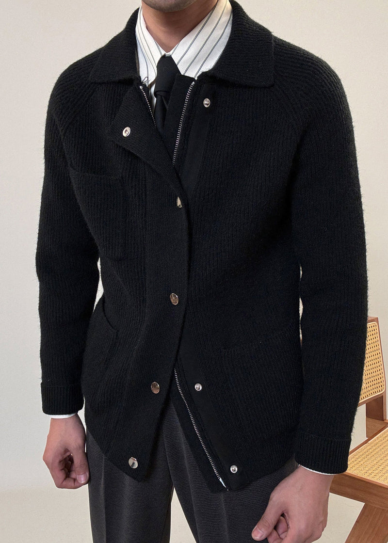 Simple Black Zip Up Pockets Cotton Knit Coat