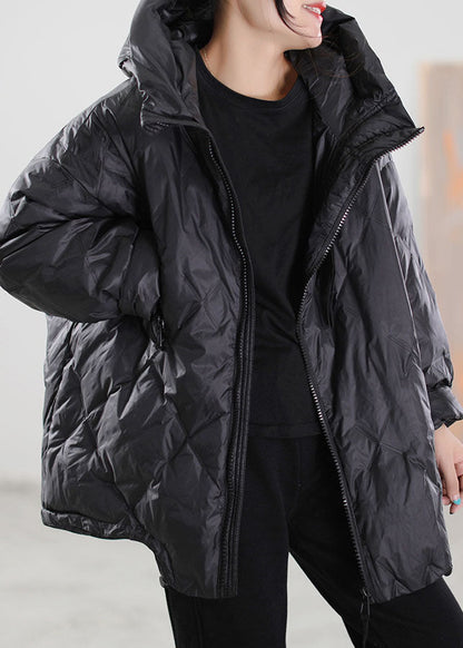 Simple Black Zip Up Drawstring Duck Down Down Coat Winter