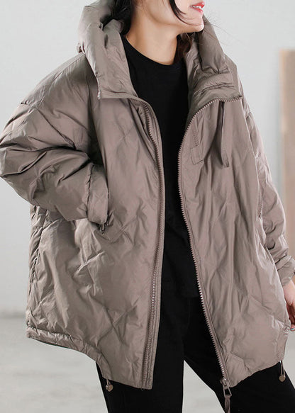 Simple Black Zip Up Drawstring Duck Down Down Coat Winter